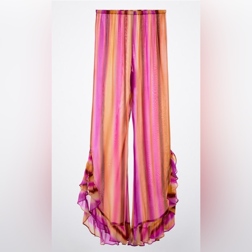 ZARA Lingerie High-Waisted Tye-Dye Striped Ruffled Hem Straight Leg Trousers